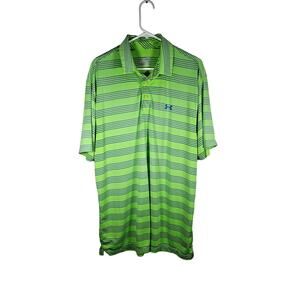 Under armour Mens SS Polo Shirt Heat Gear Bright Green Blue Stripes Size XL
